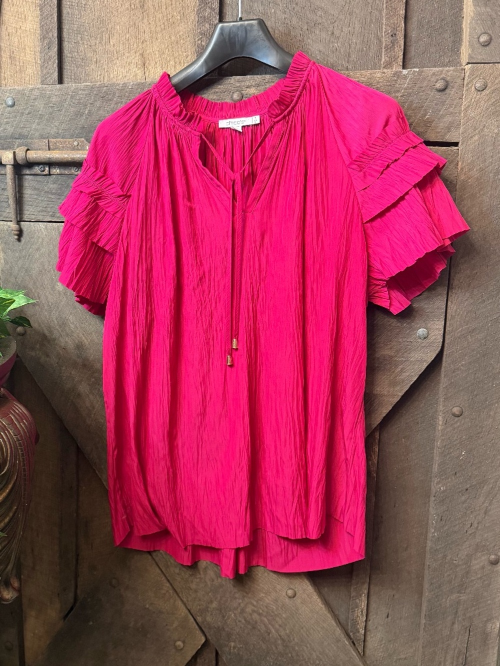 Chico’s Magenta Pink Pleated Crinkle Tie Neck Ruffle Sleeve Blouse Top